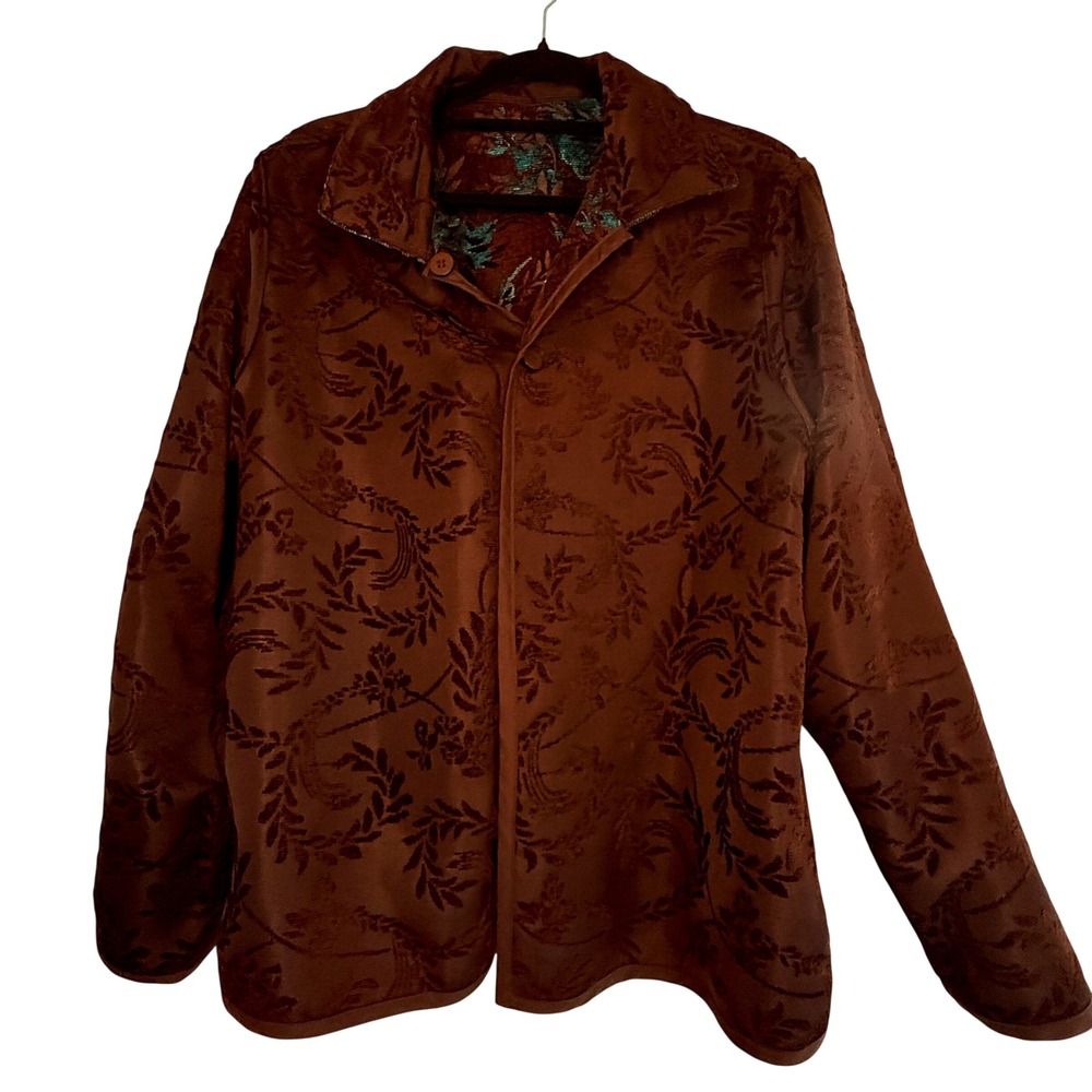 Coldwater Creek Reversible Tapestry Jacket PM Brown Teal Floral Boho Velvet - Picture 4 of 9
